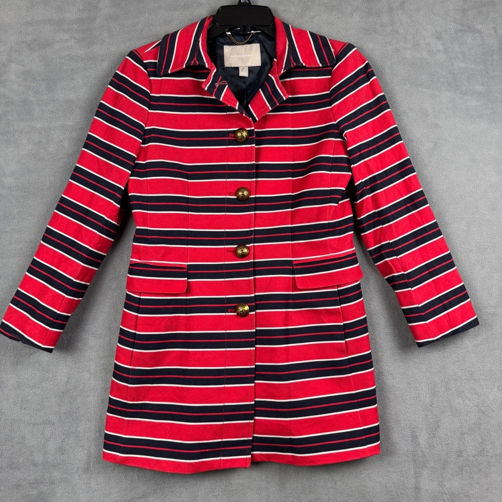 Banana Republic Red Navy Striped Trench Coat Gold Crest Button Jacket Small